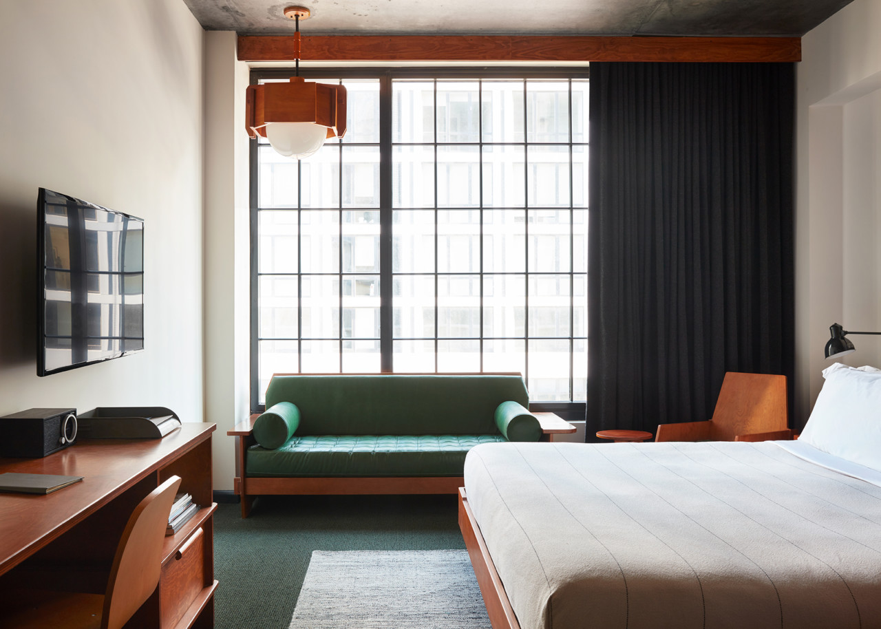 interior of the ace hotel brooklyn, with a simple yet refined design palette