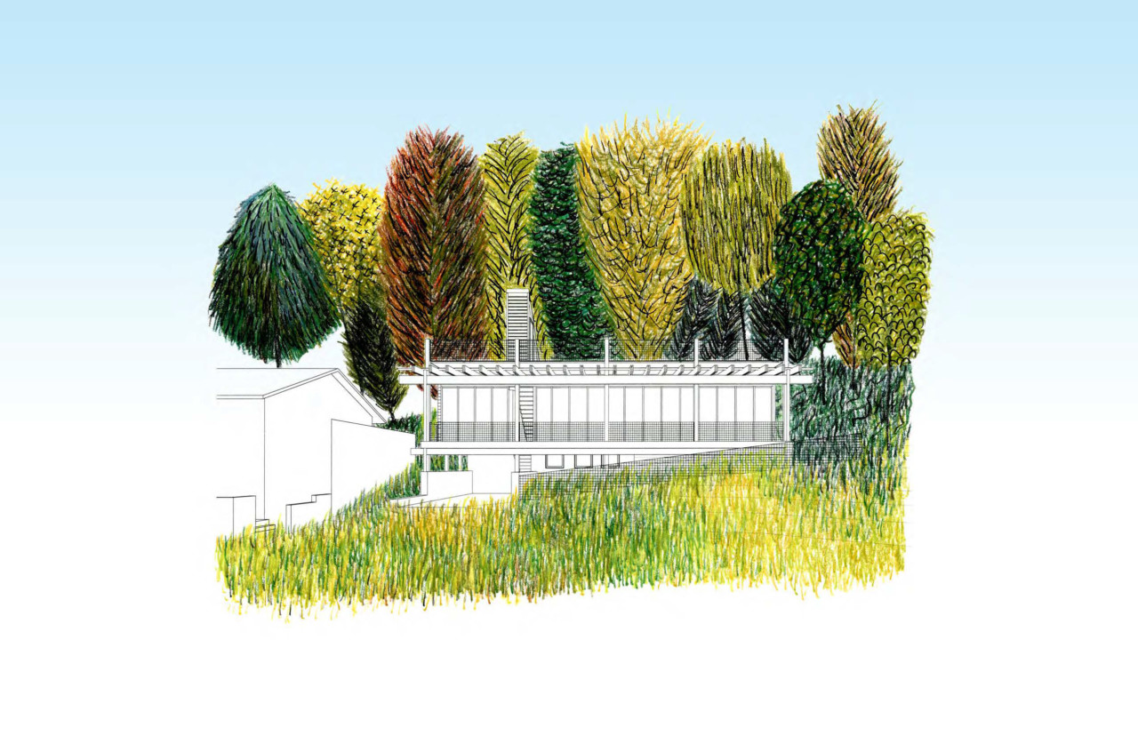 a bld.us designed drawing of a house surrounded by trees
