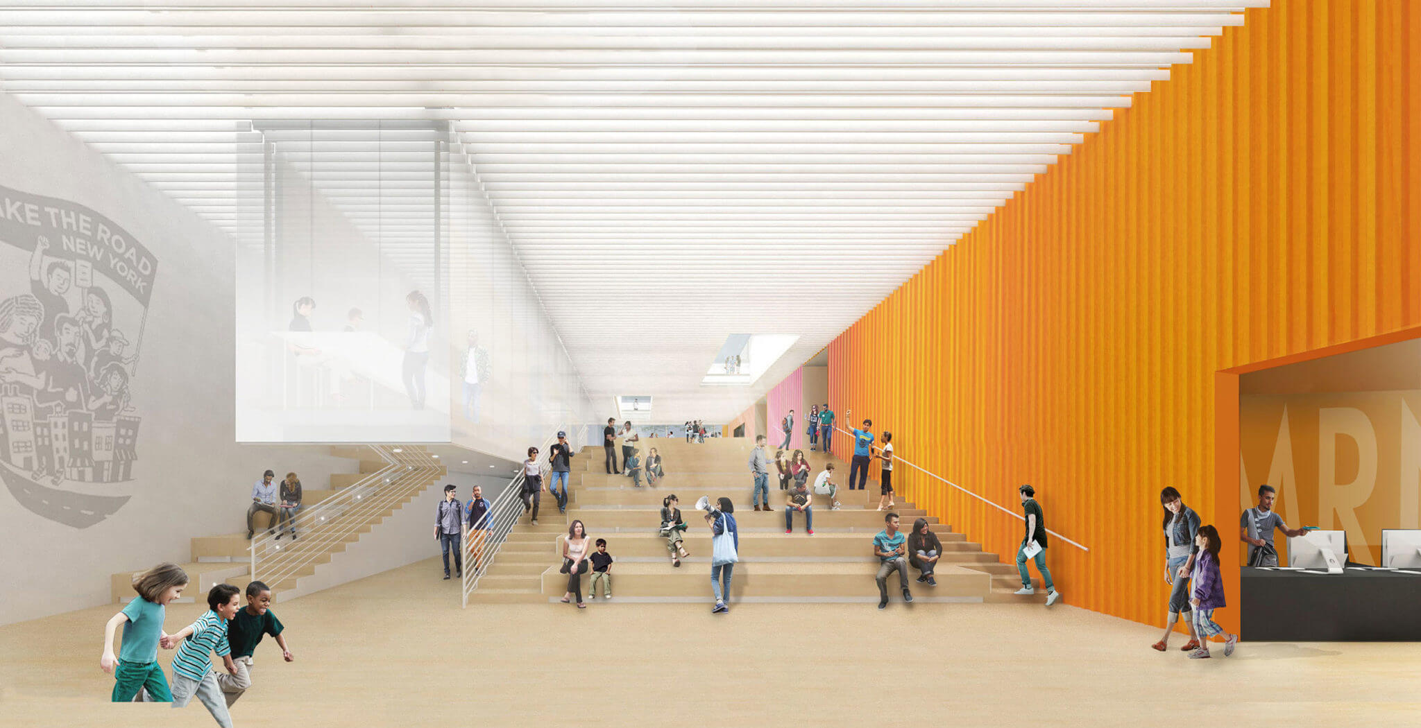 An orange community center with ridged walls and ceiling