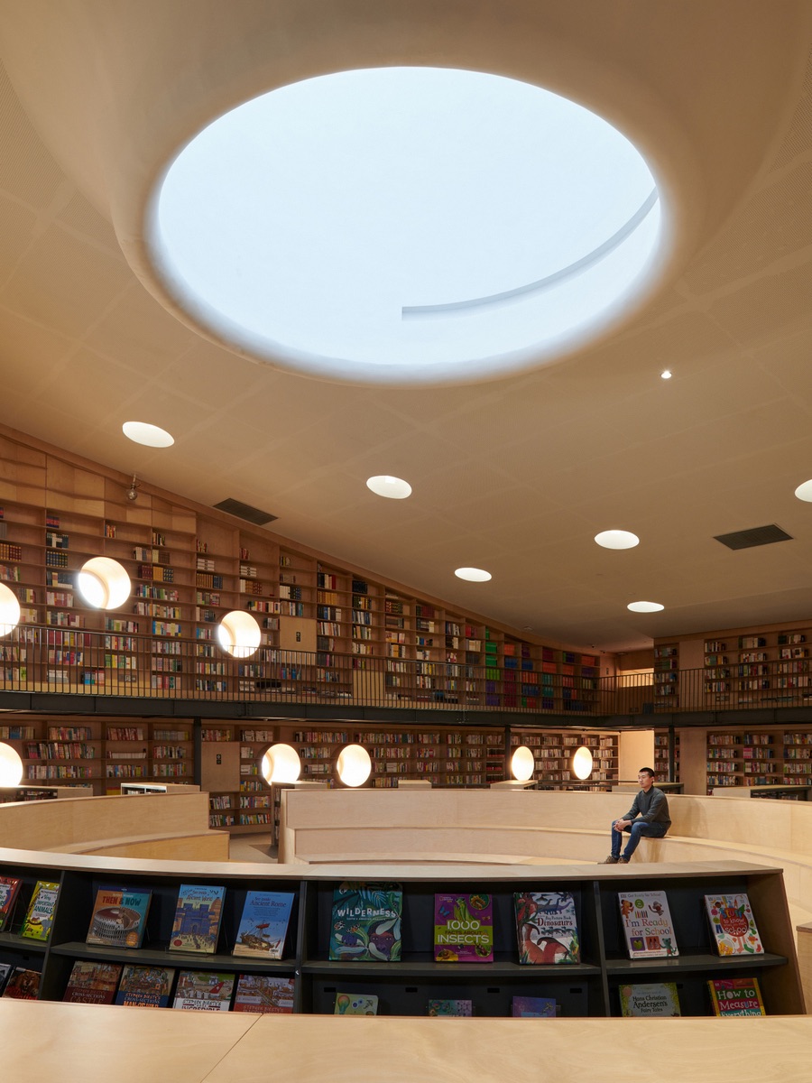 Interior of a library with a massive round skylight
