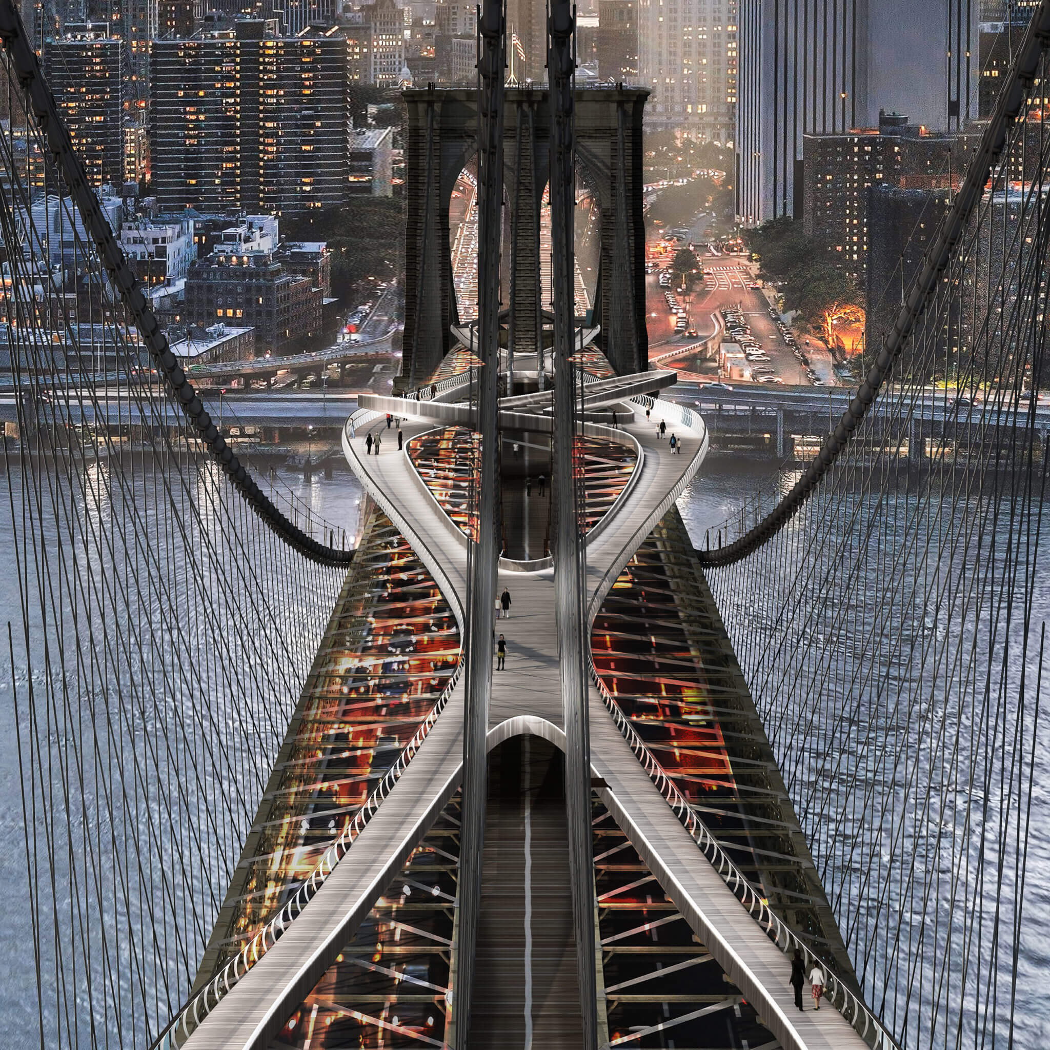 A zigzagging sinuous bridge over the brooklyn bridge