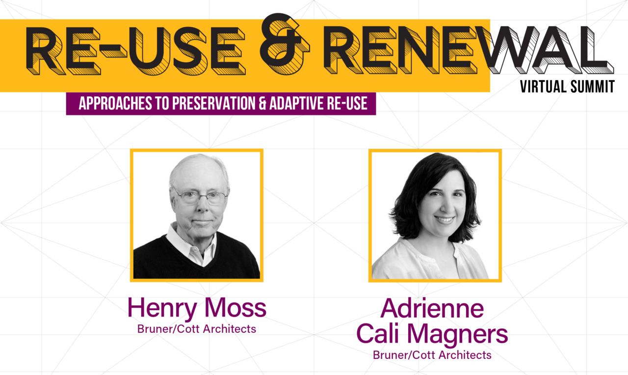 A poster with a man (henry moss) and woman (adrienne cali magners) advertising a re-use & renewal summit