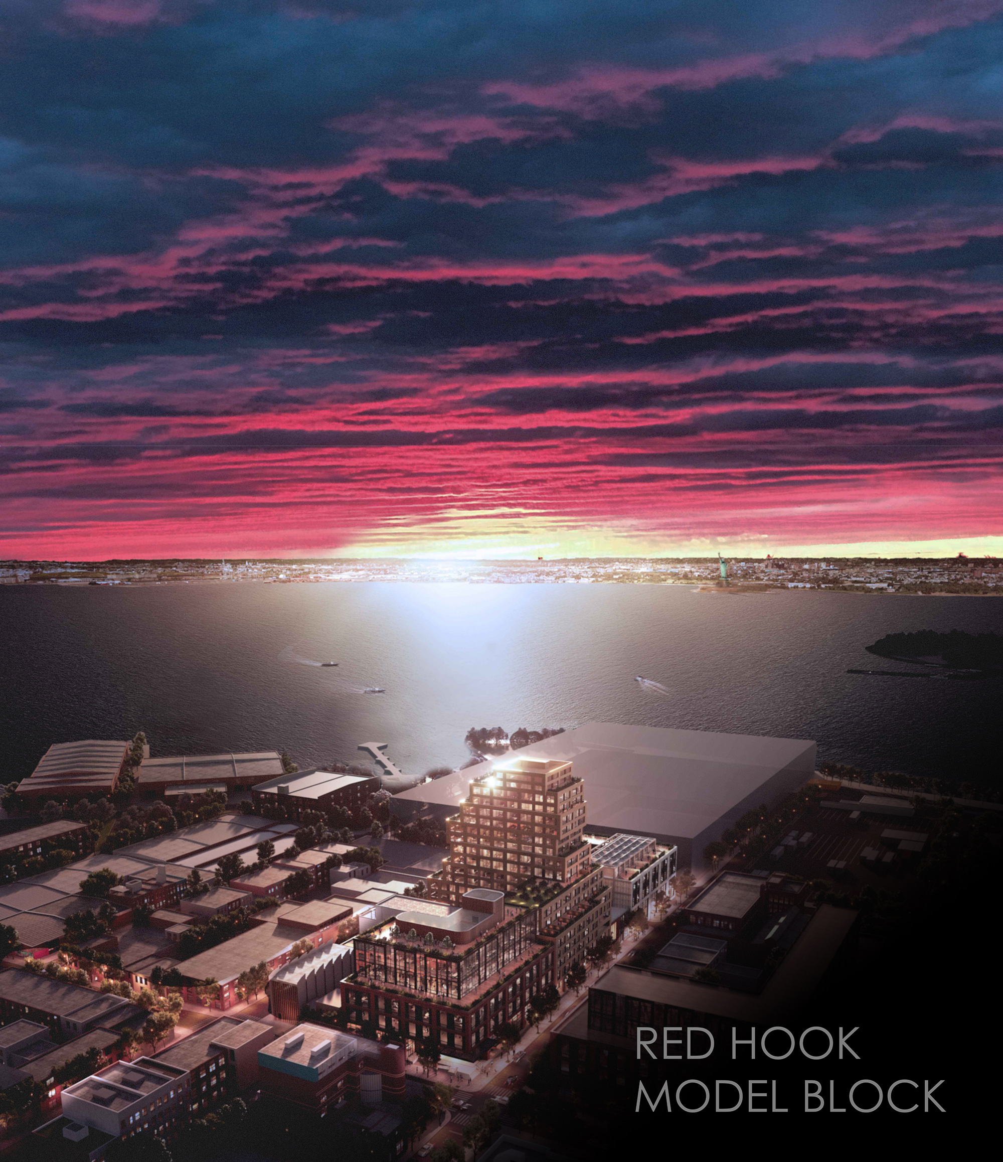 model block, a mixed-use development in red hook, under a sunset