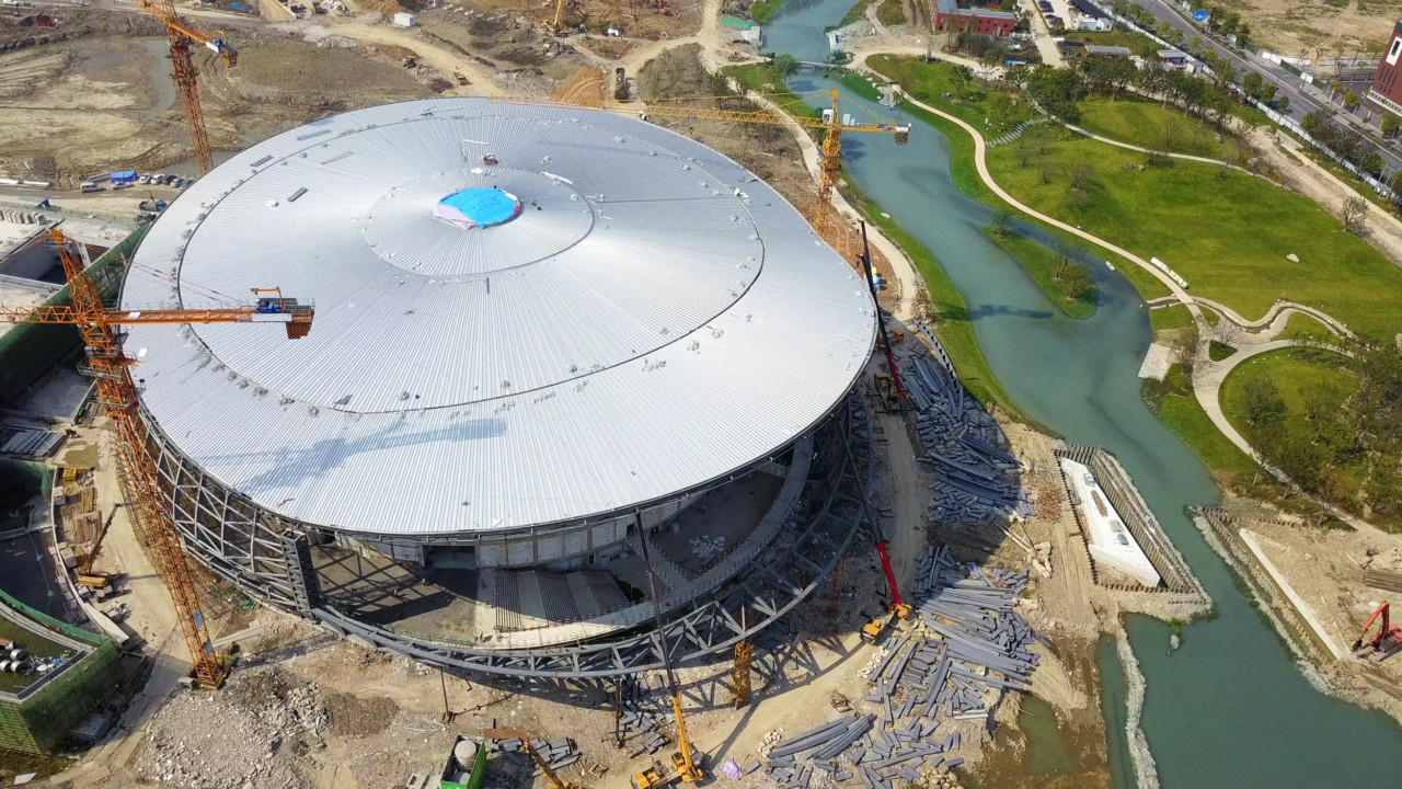 Aerial Construction Shot of Table Tennis Stadium