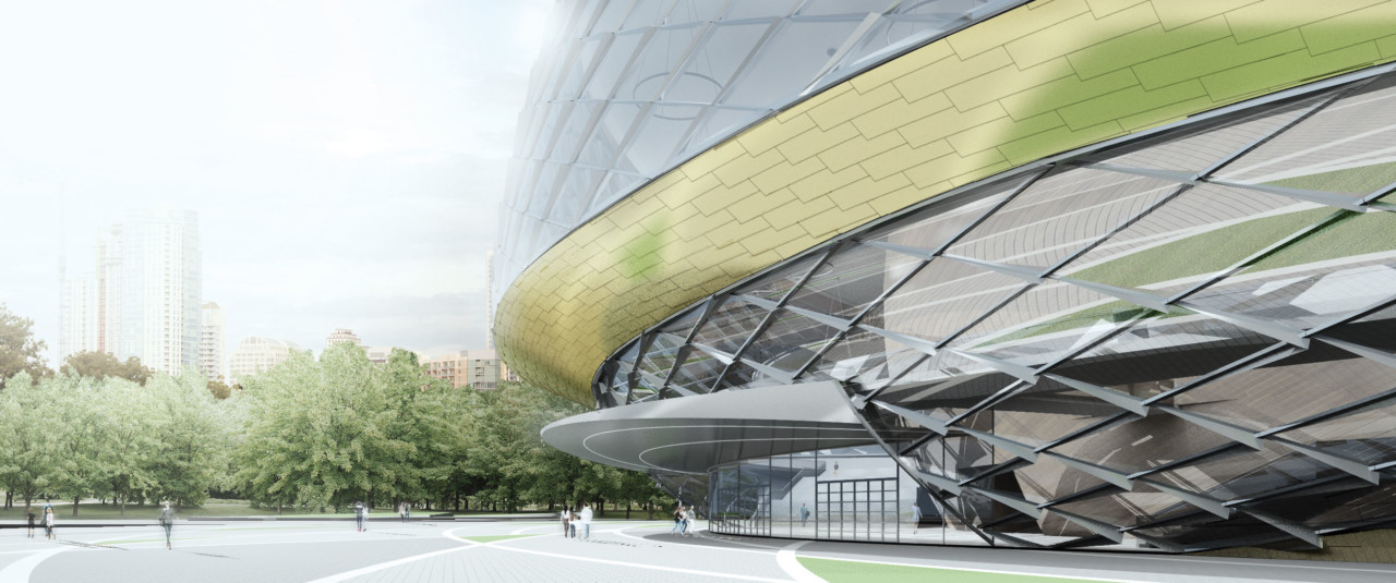 Exterior rendering of a stadium with gold and steel shingles