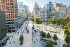 aerial rendering of union square in manhattan with more pedestrian access