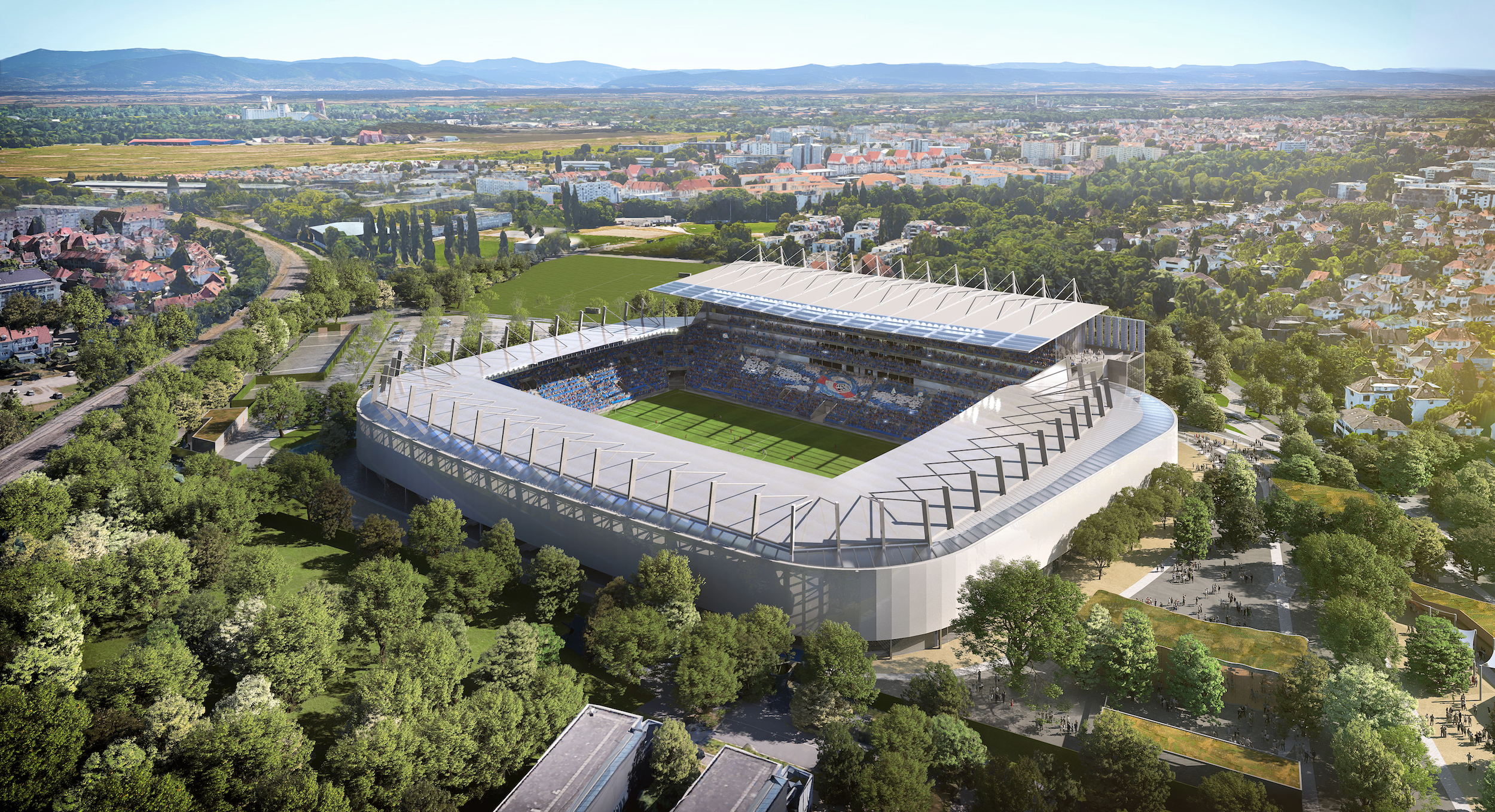 aerial rendering of a soccer stadium in france