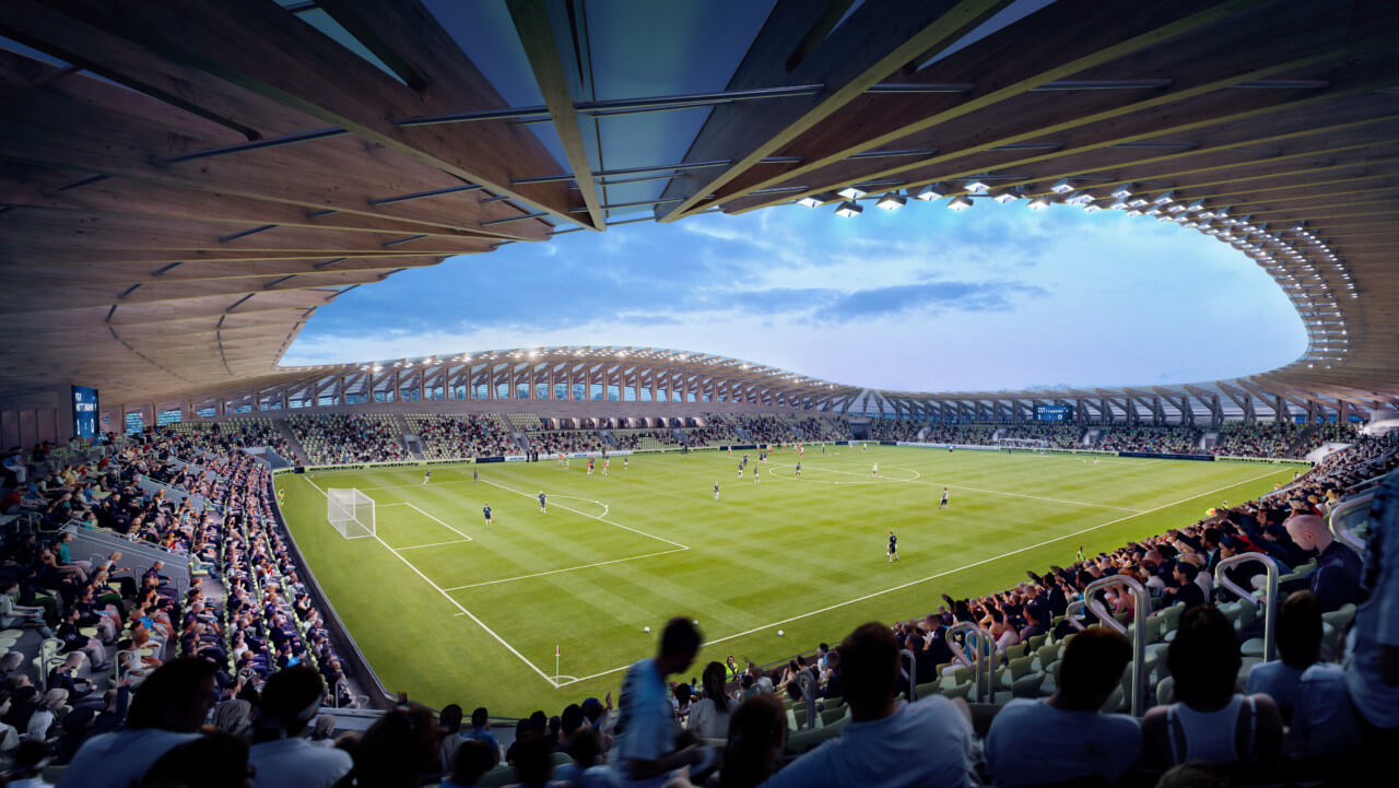 A soccer field with overhead canopy