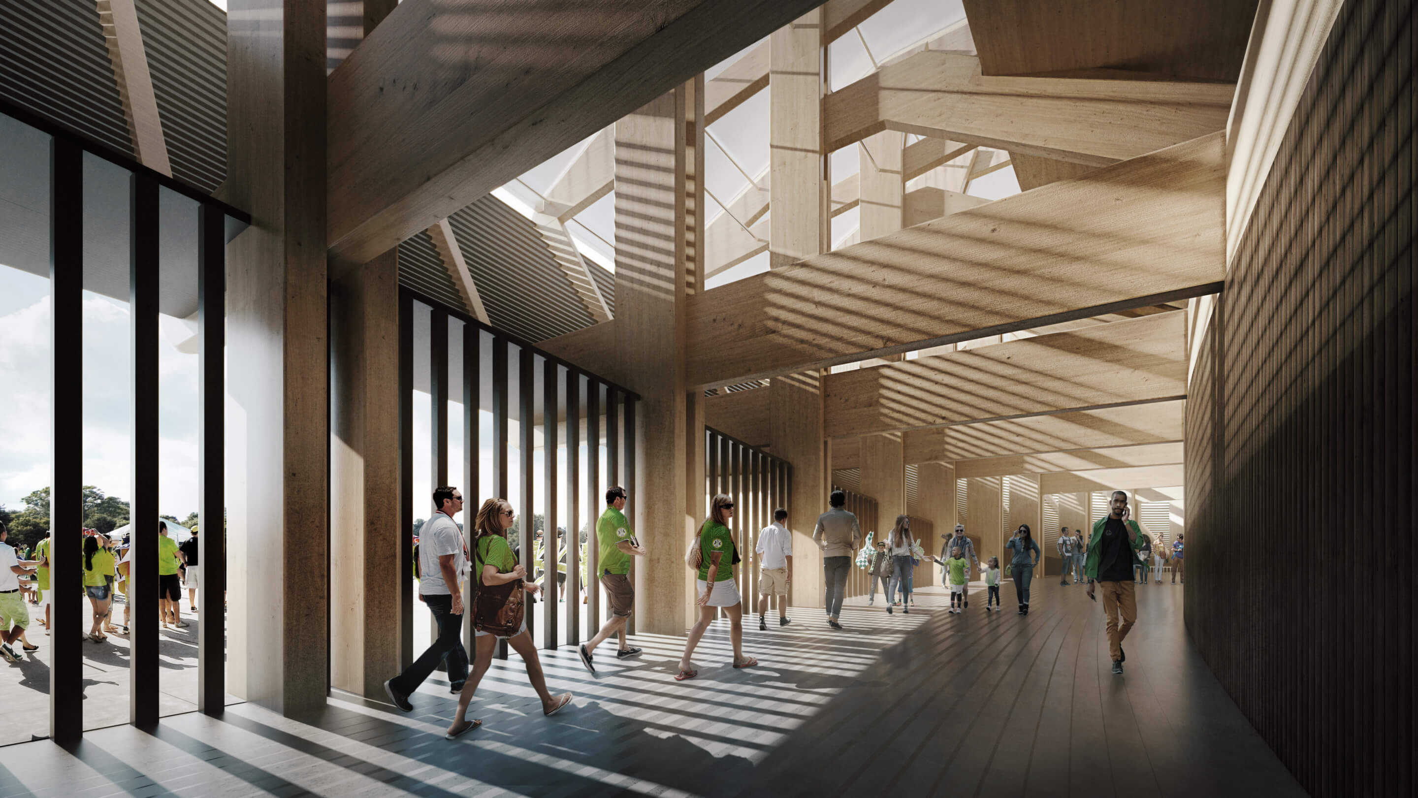 Interior rendering of eco park stadium with a void above the beams and columns