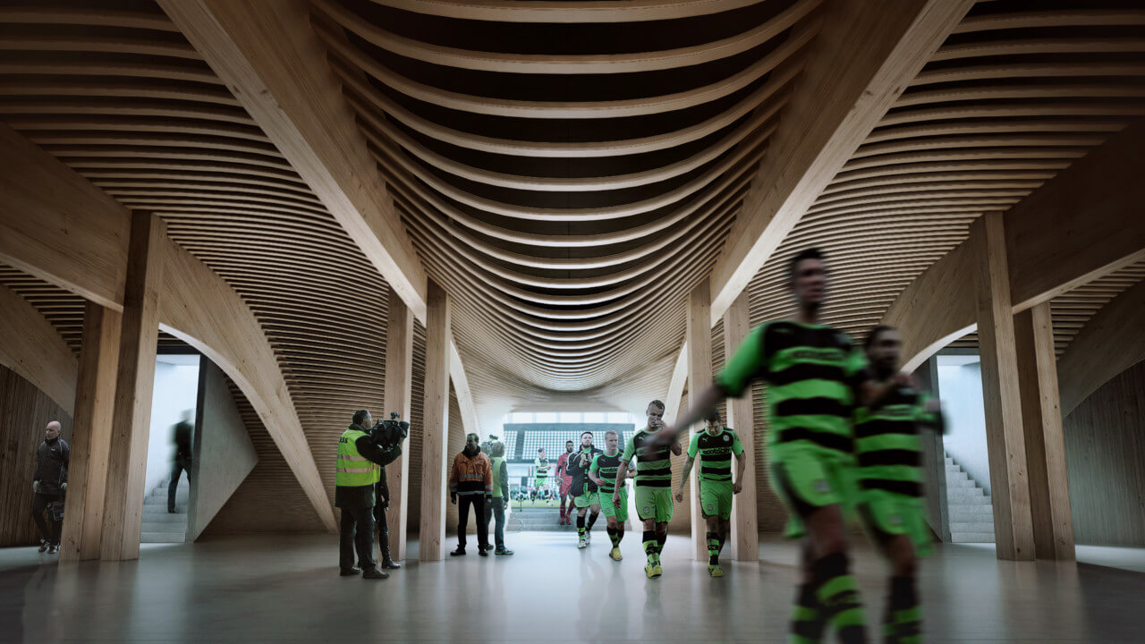 Interior rendering of a stadium with undulating timber wcanopy