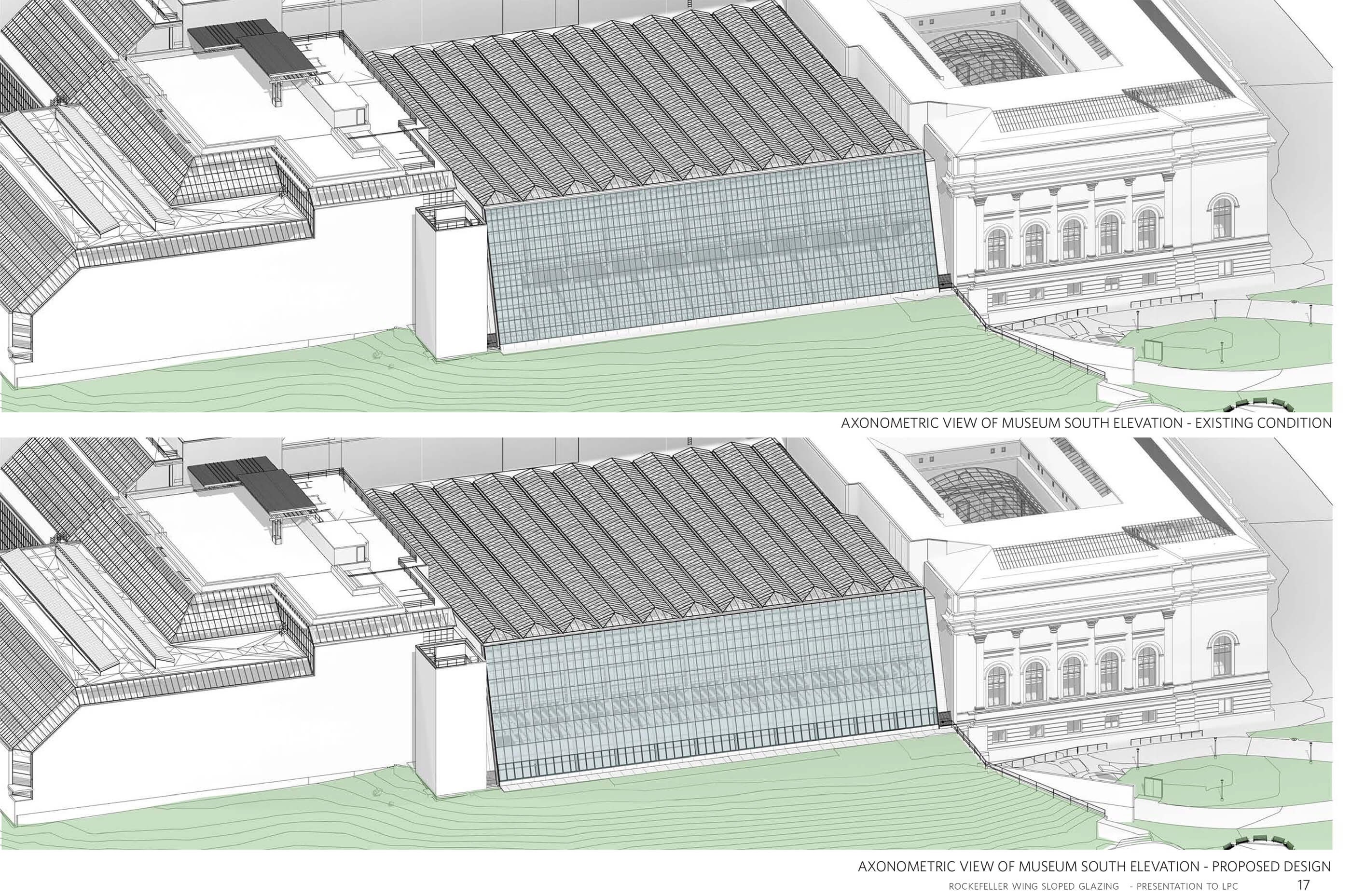 axon diagram of the Metropolitan Museum of Art with two different curtain wall arrangements