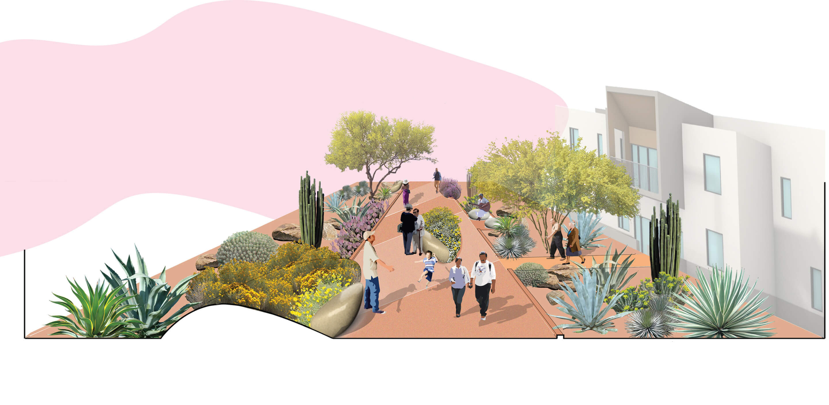 rendering of an affordable housing complex in california surrounded by native plants