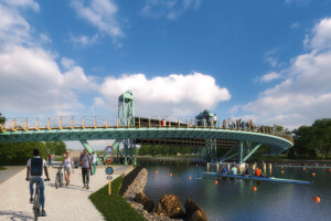 Rendering of a weathered copper foot bridge over the Erie Canal