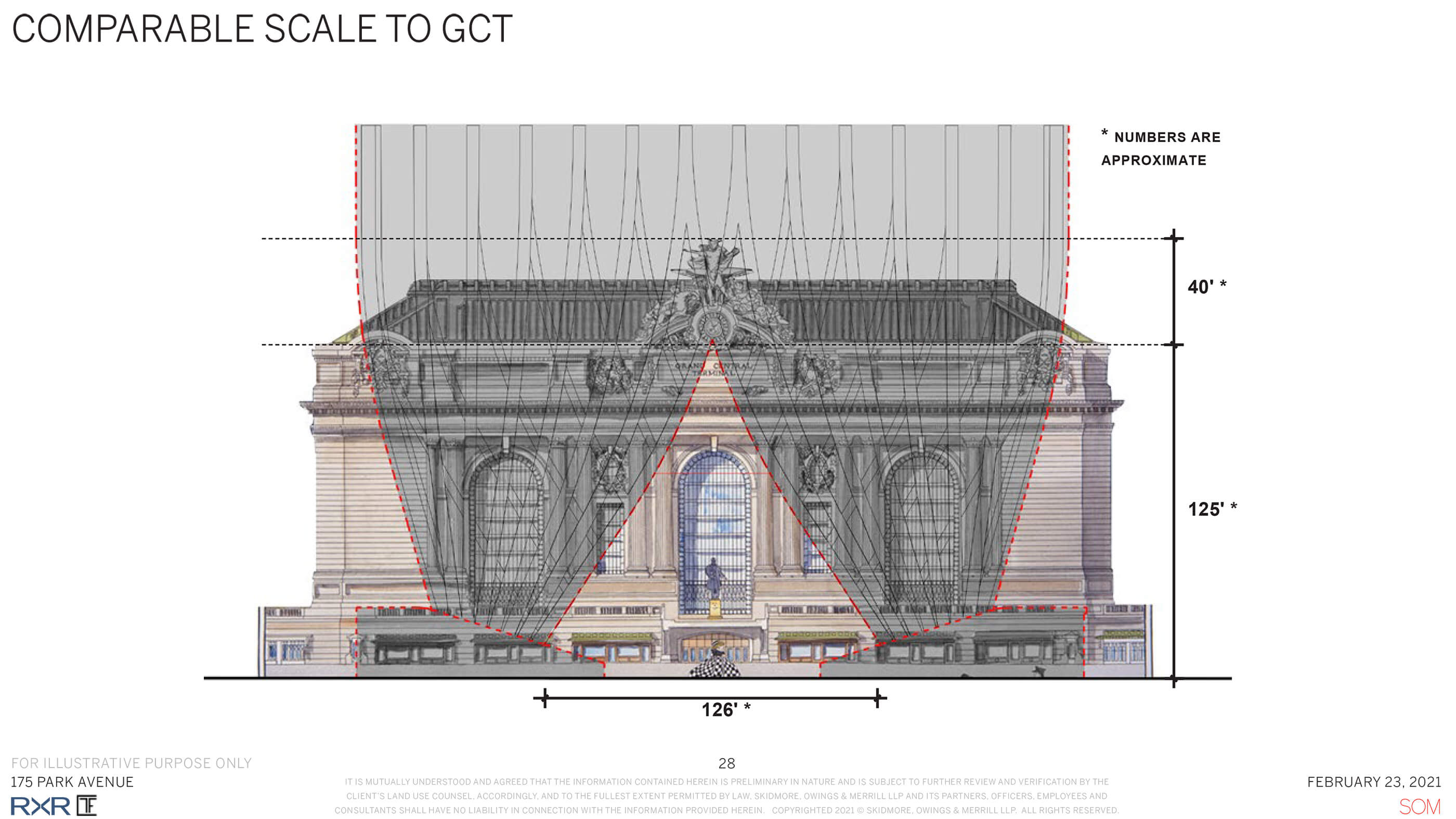 diagram of a tower with "pulled back drape" facade overlain with grand central rail terminal