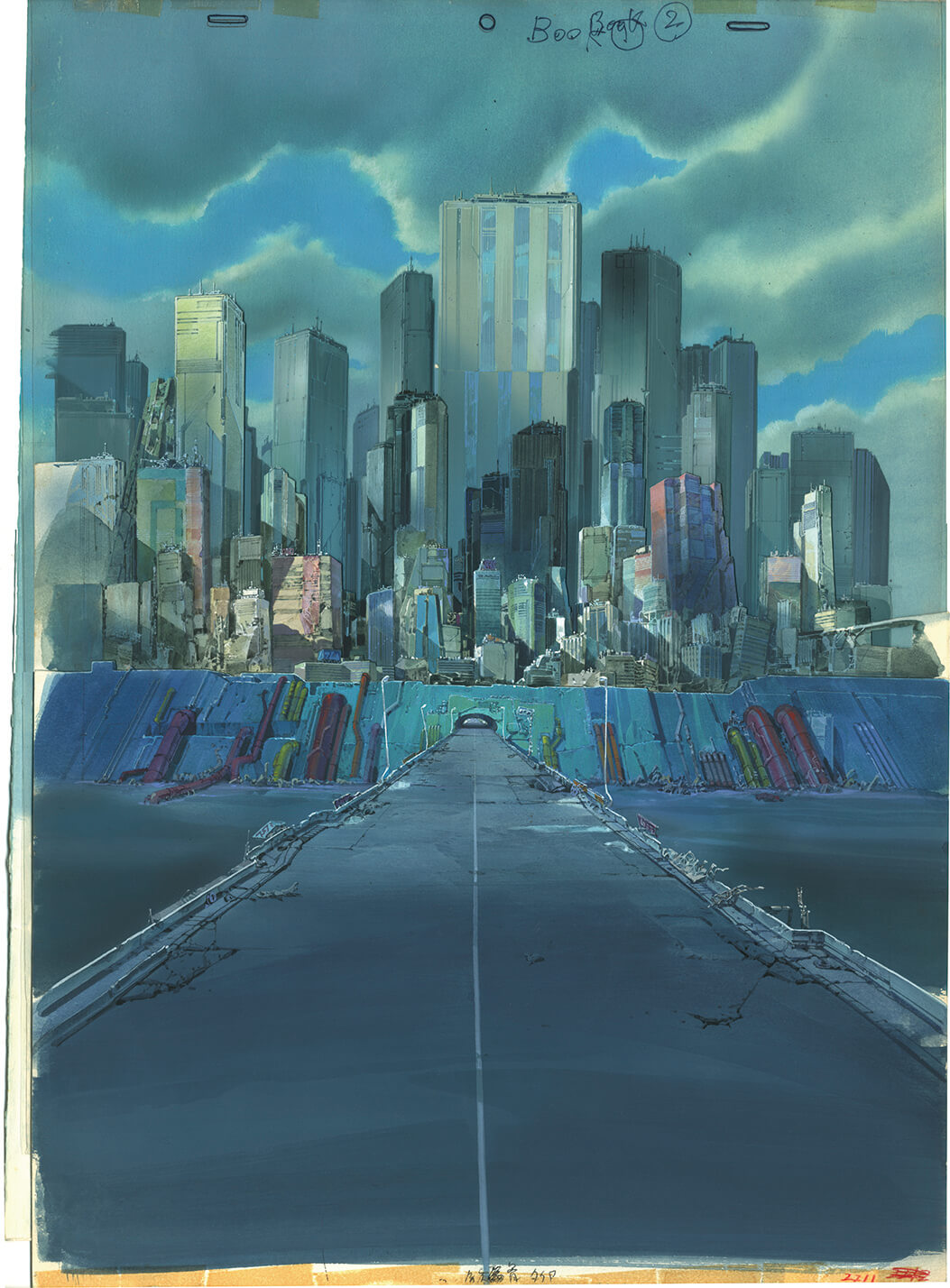 long vertical image of a cityscape from akira rendered in dreary blues