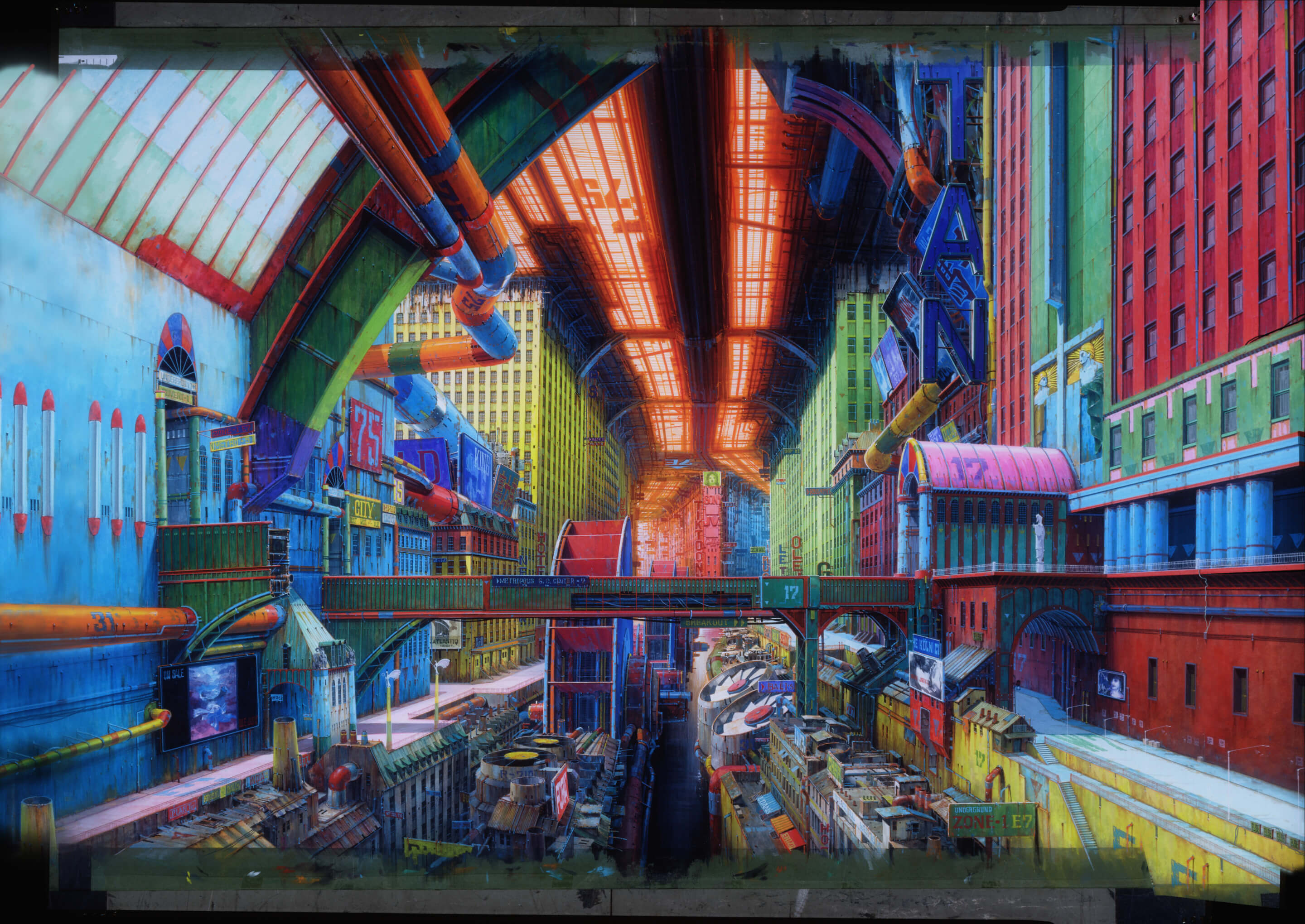 Sprawling background of a multilayer anime architecture metropolis depicting soaring towers and lowly slums