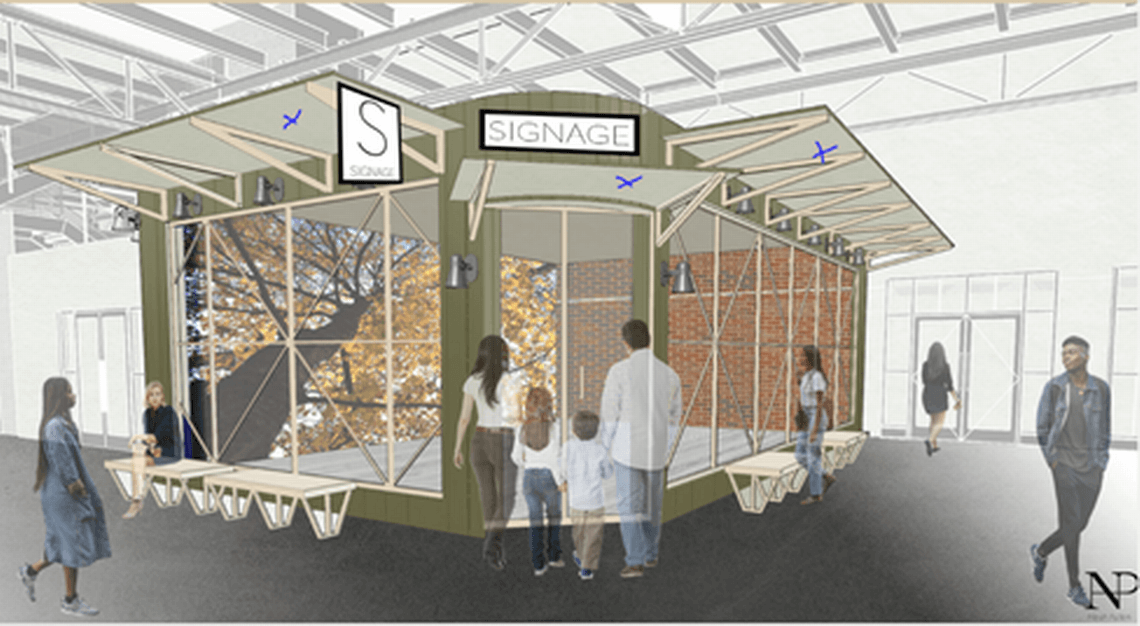 rendering of a retail pavilion concept under camp north end