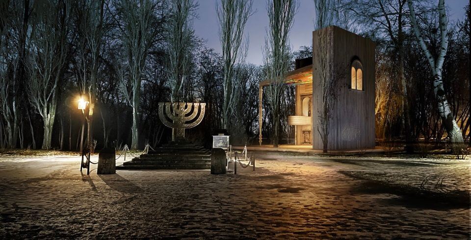rendering of a holocaust memorial with concrete synagogue and menorah