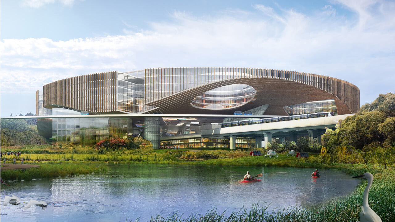 Rendering of the chengdu future city transportation hub overlooking a river