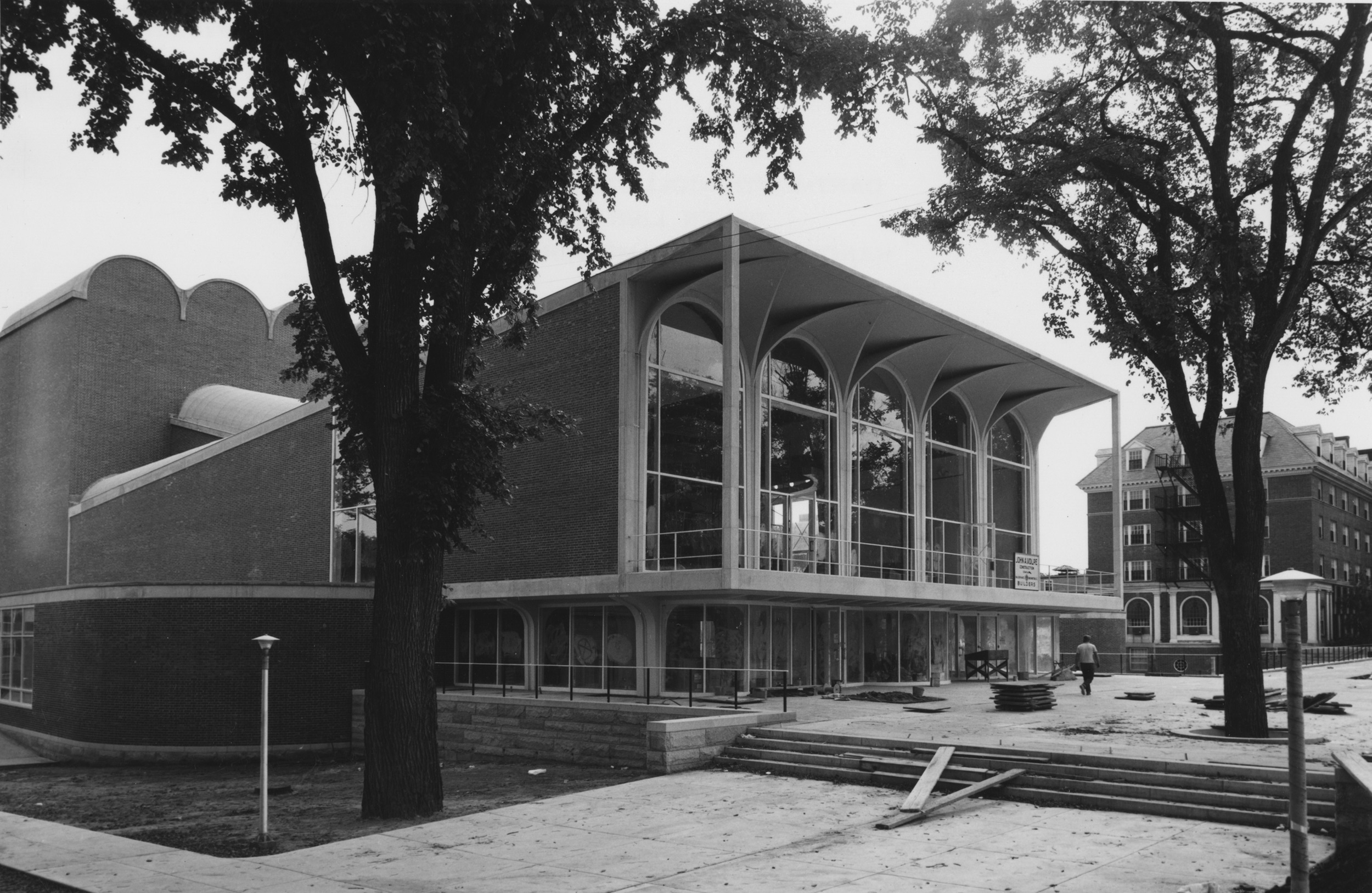 black and white image of a college arts center