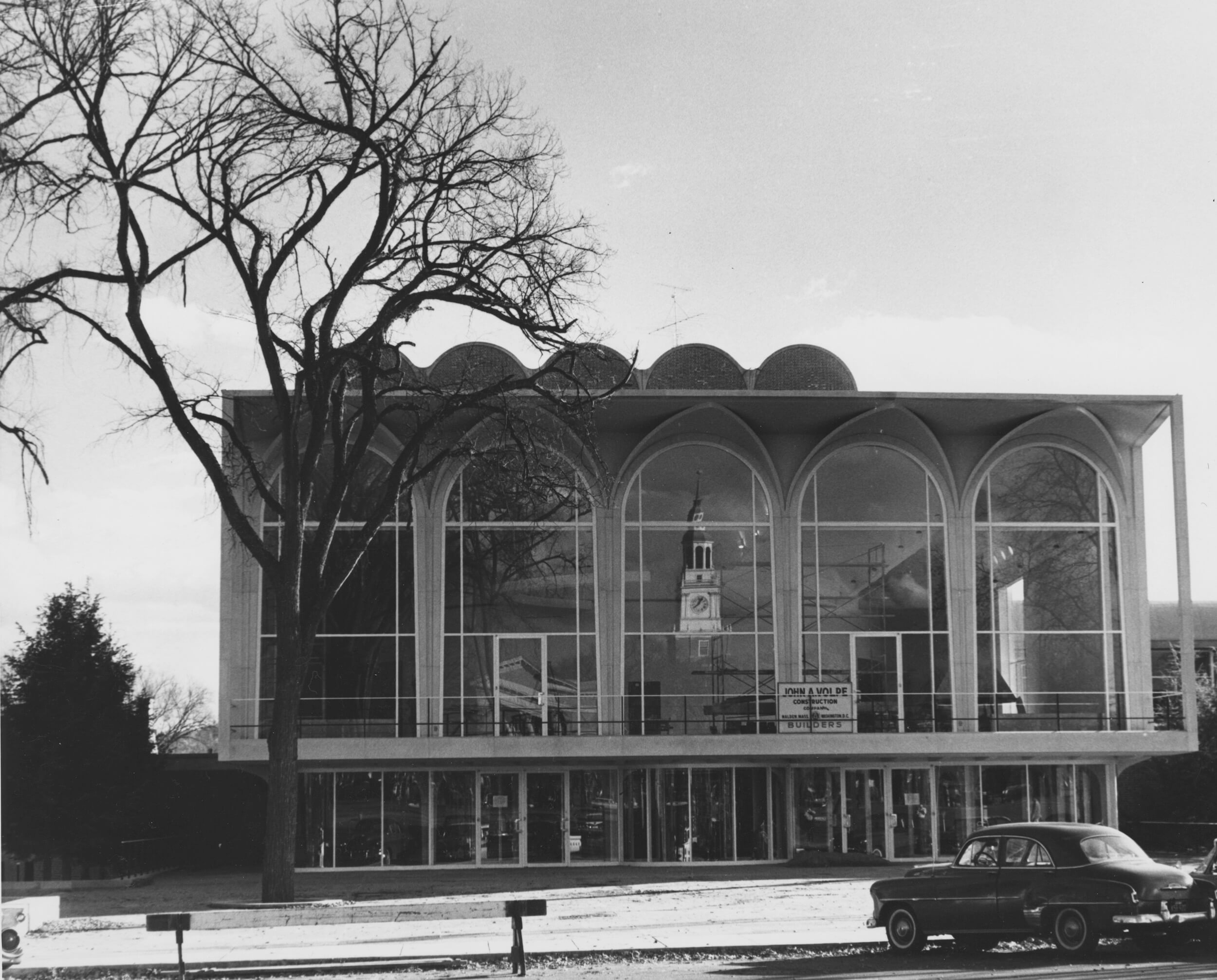 black and white photo of a modernist arts center