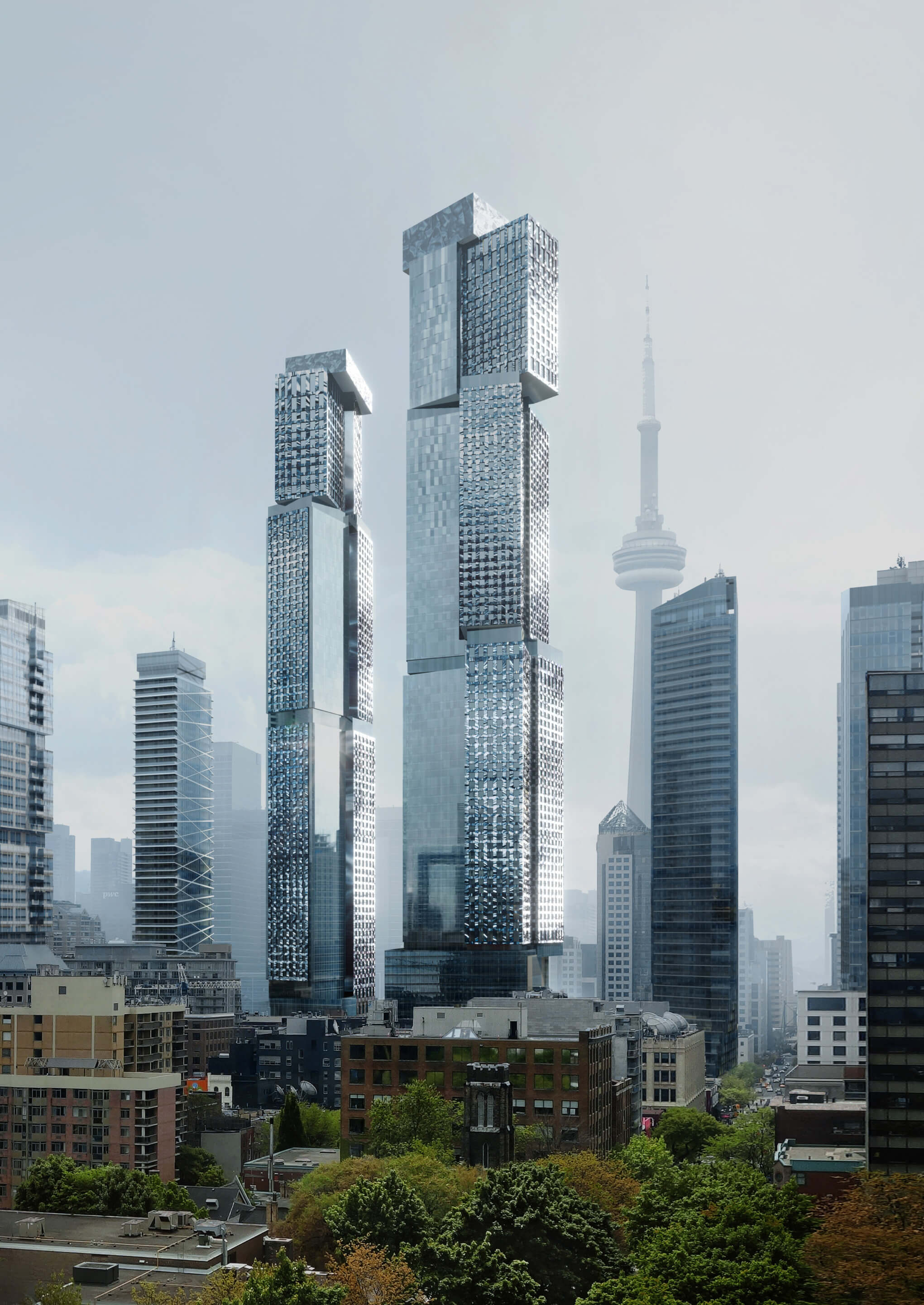 renderings of two skyscrapers and the toronto skyline
