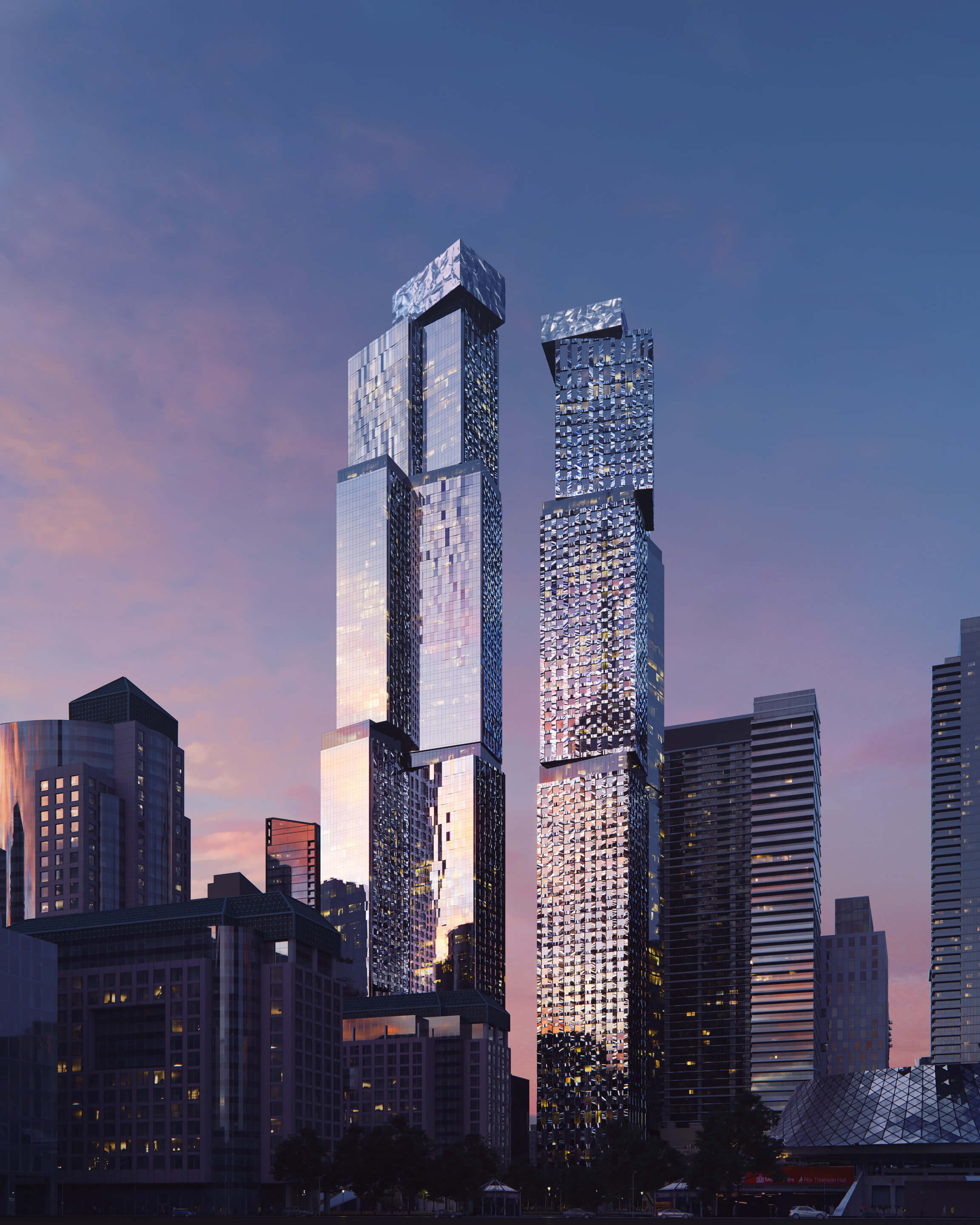renderings of two skyscrapers and the toronto skyline designed by frank gehry