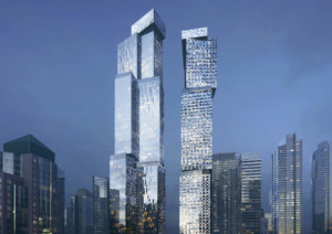 rendering of twin skyscrapers designed by frank gehry in toronto