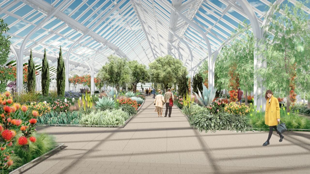 rendering of plant-filled conservatory interior