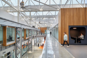 Inside a shipping yard turned office with multistory atrium