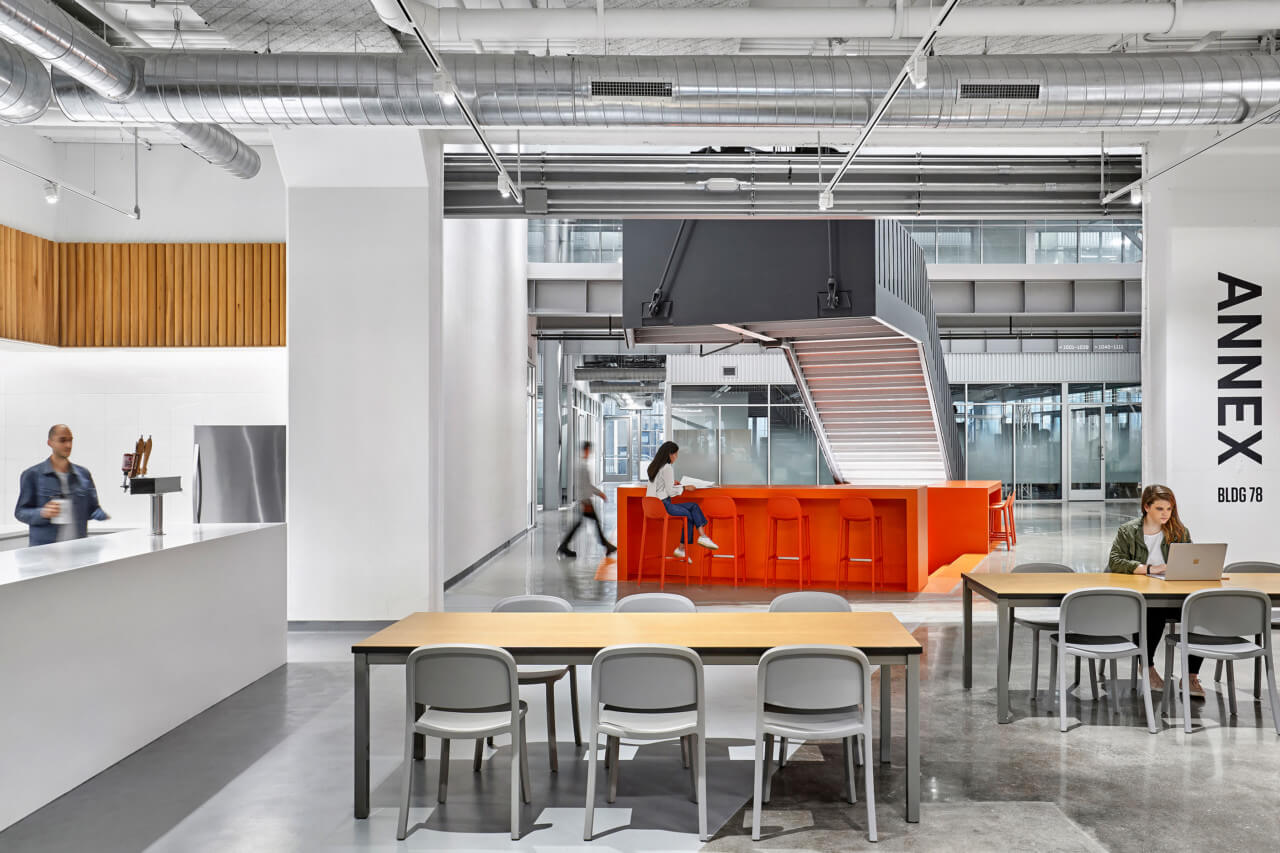 a sprawling open office kitchen at kearny point