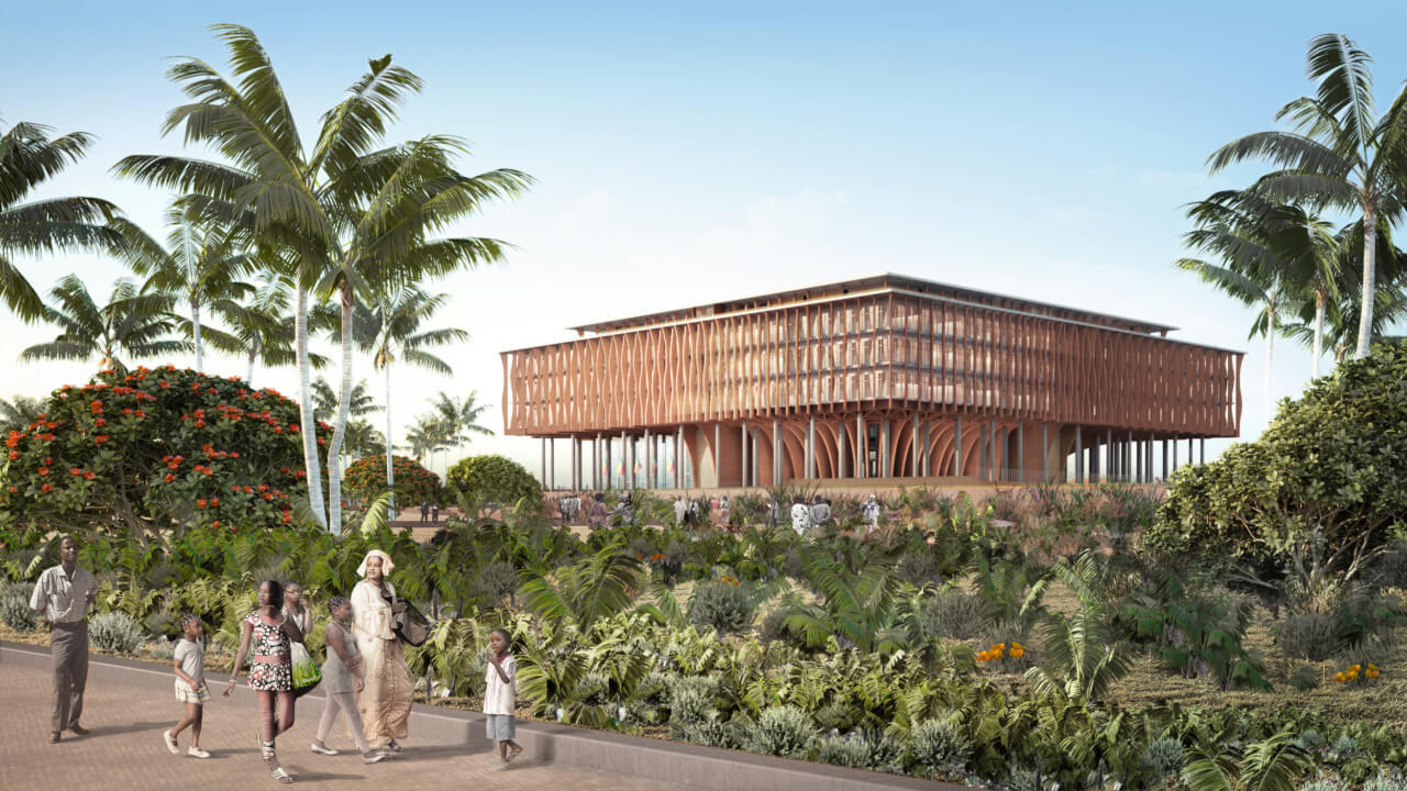 Rendering of the new National Assembly of Benin, showing a square volume atop columns