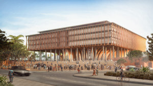 Rendering of the new National Assembly of Benin, showing a square volume atop columns