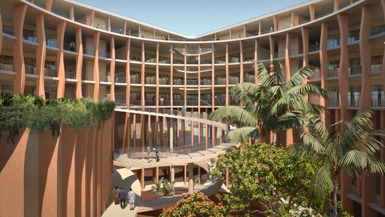 Rendering of balconies overlooking a central courtyard