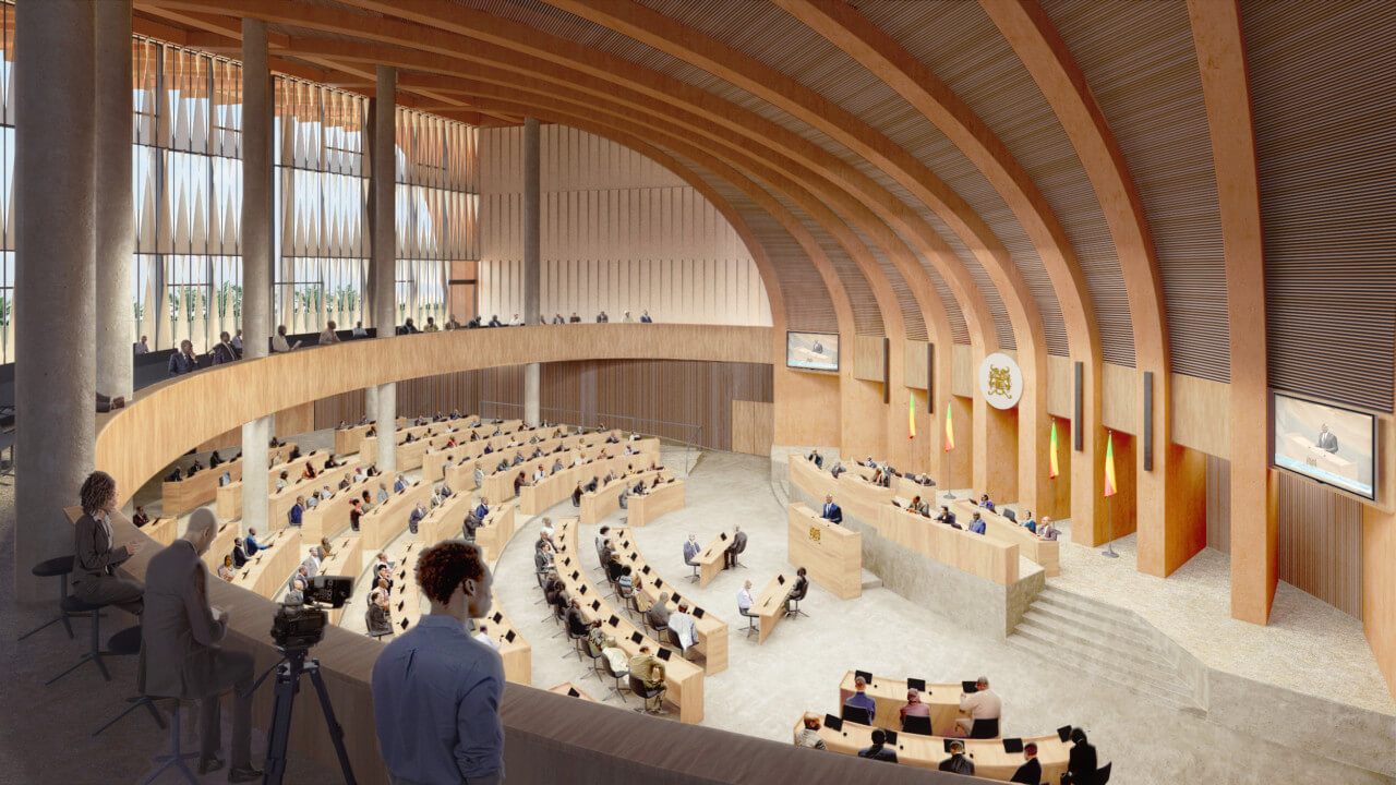 interior rendering of a governmental hall supported by multistory arches