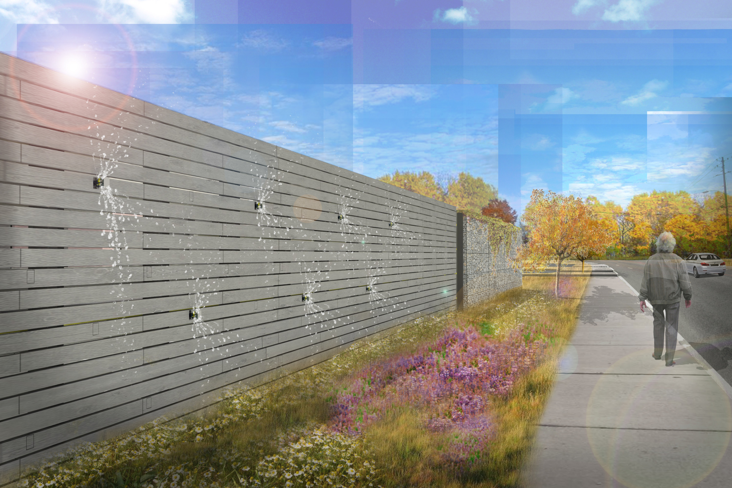 rendering of a fence with sprinklers