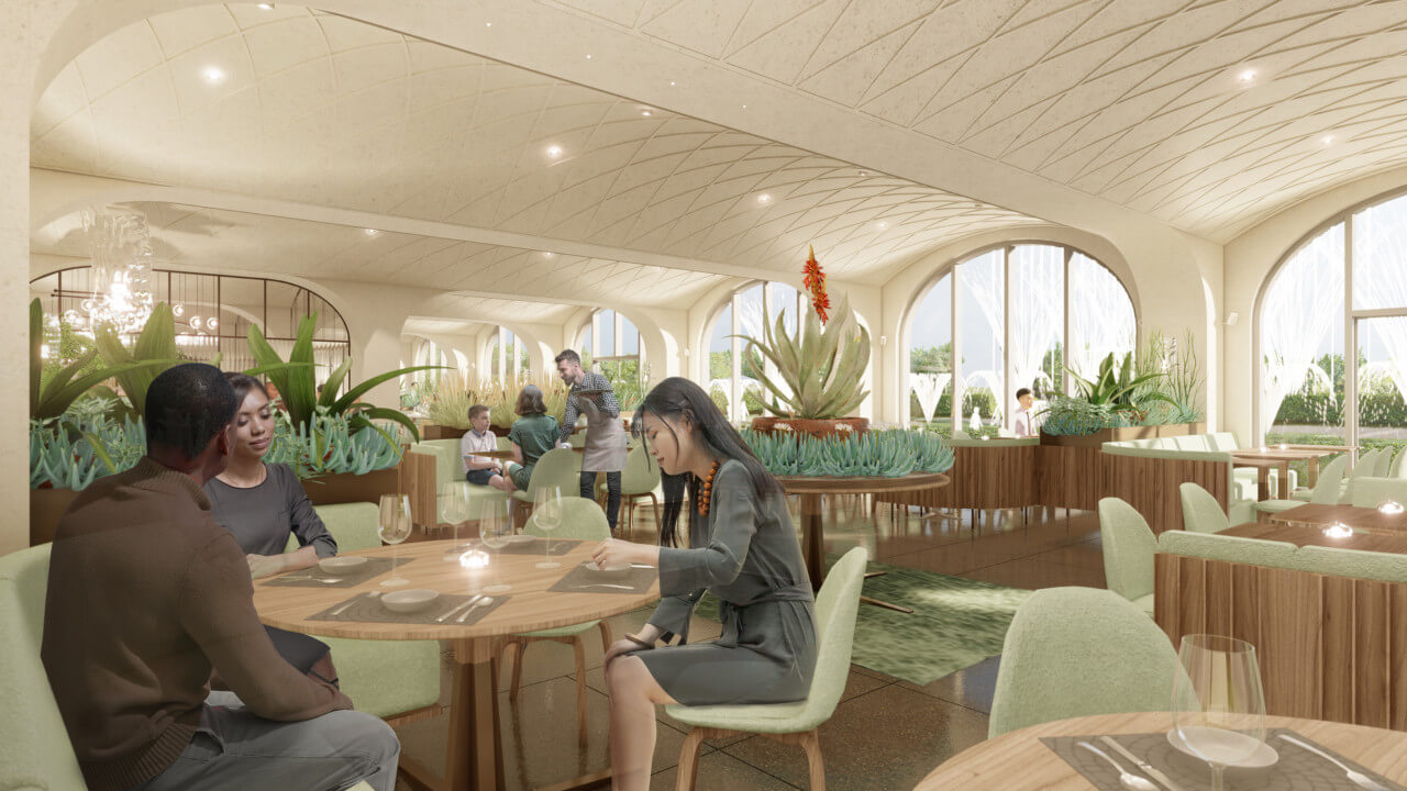 interior rendering of a new restaurant with barrel vaulted ceilings at longwood gardens