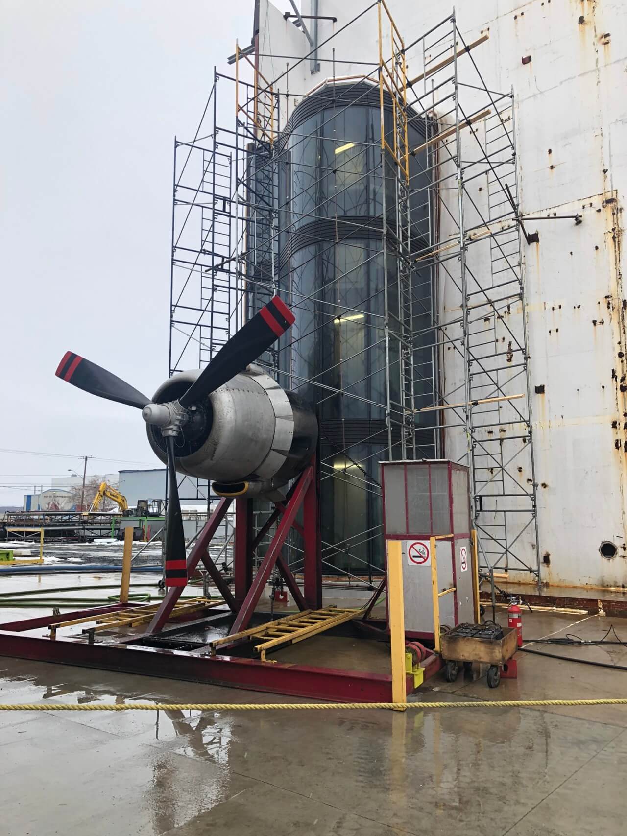 A turbine blowing on a mockup of the pendry west facade