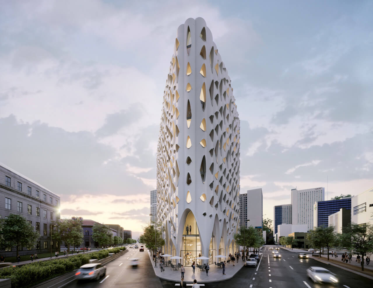 Populus, a 13-story white tower sitting on a triangular lot
