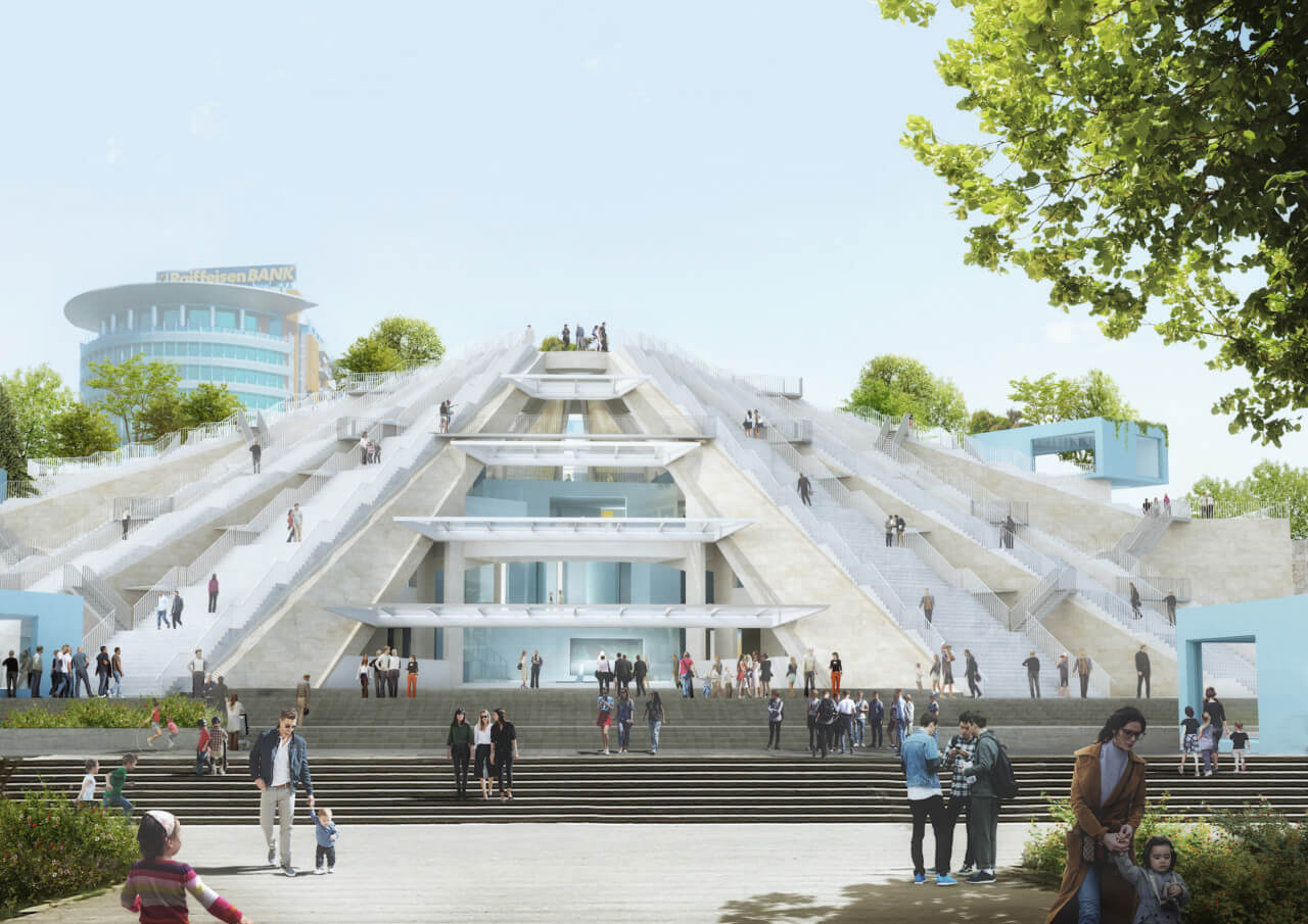 rendering of a pyramid-shaped structure with external stairs