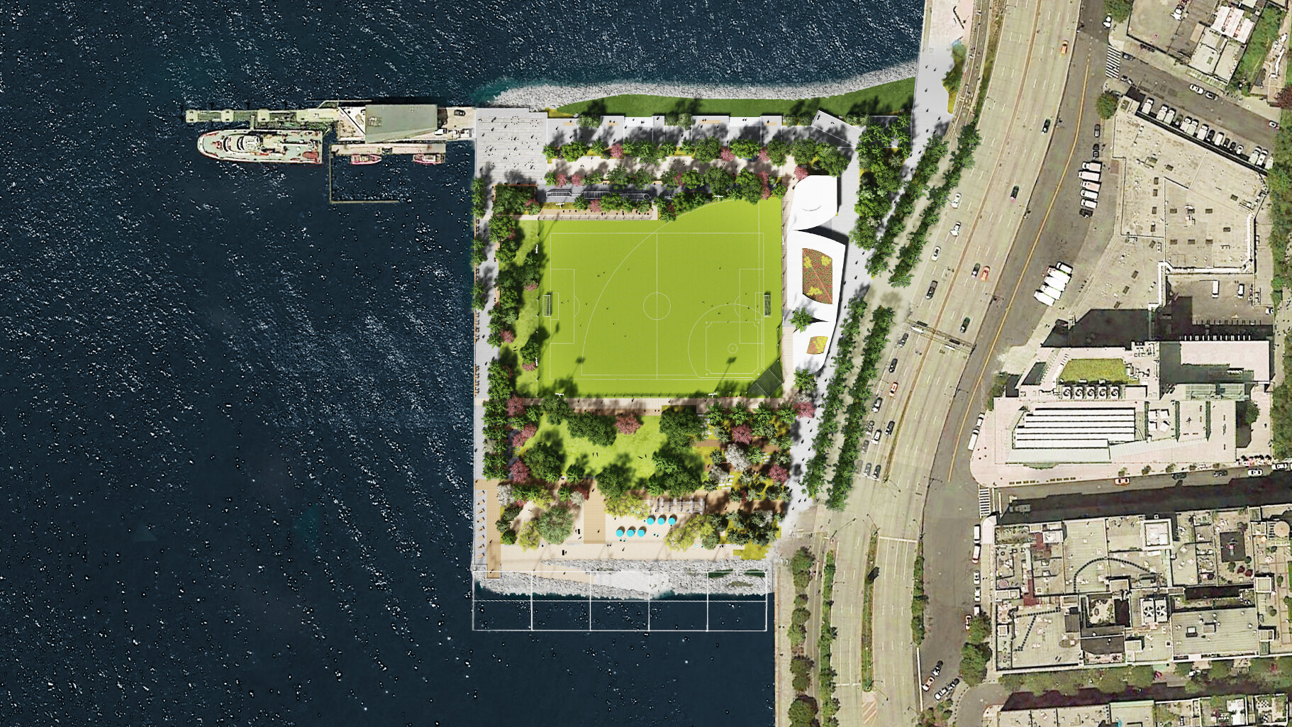 the new Gansevoort Peninsula in plan showing the beach and playing fields