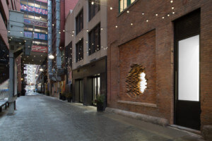 view of an art-filled alleyway with a brick portal looking into Library Street Collective