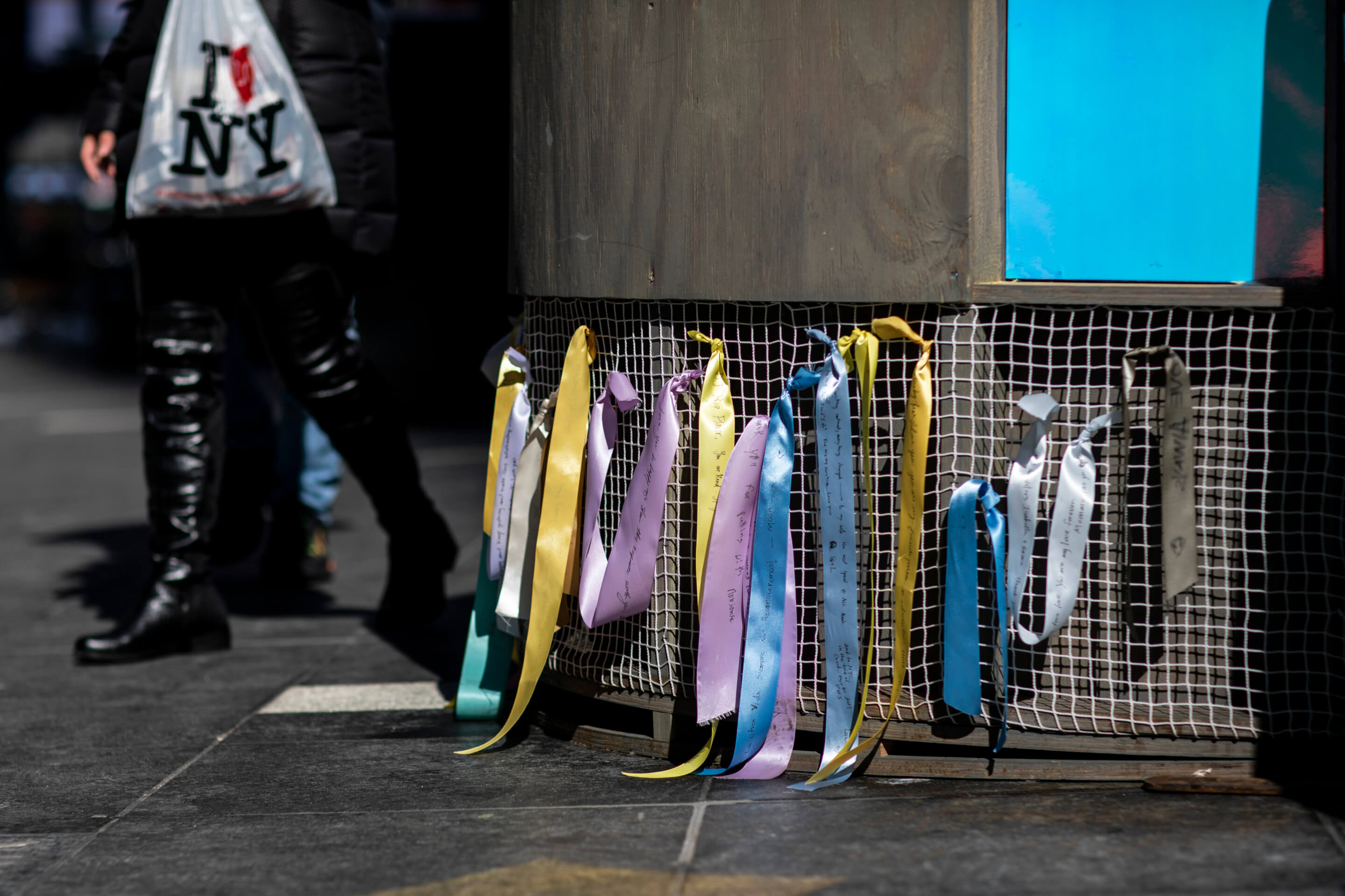 ribbons adorning a public art installation in times square