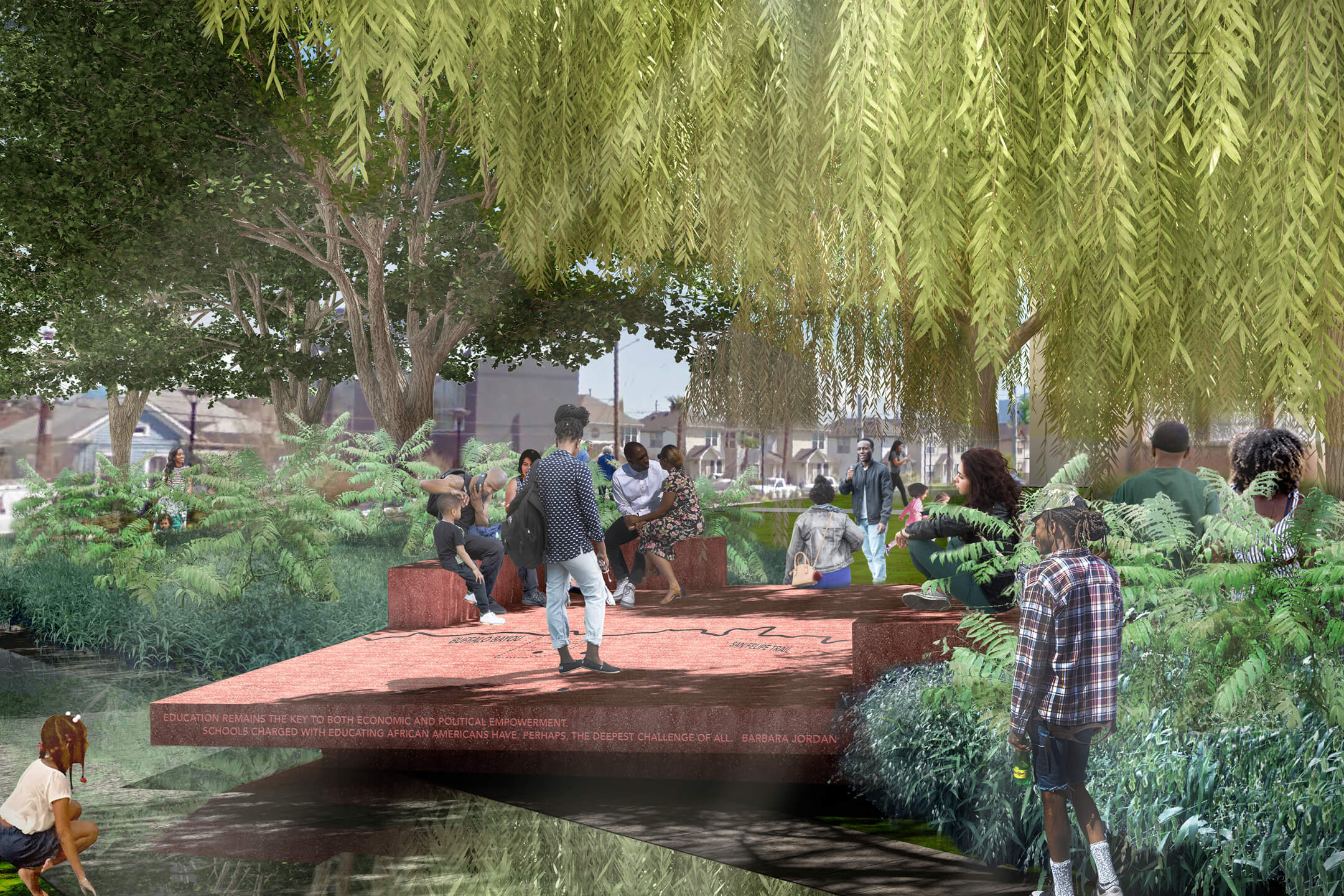 rendering of a play space beneath a willow trees
