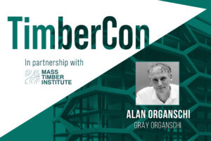 A green banner advertising timbercon 2021 with a headshot of alan organschi