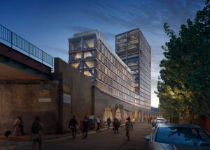 Rendering of a tower rising over the lower brixton market