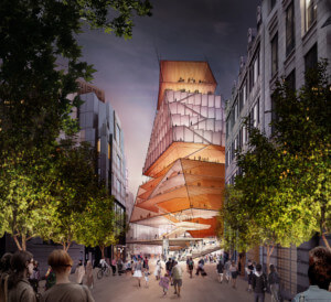 rendering of the towering, twisting London Centre of Music, now canceled