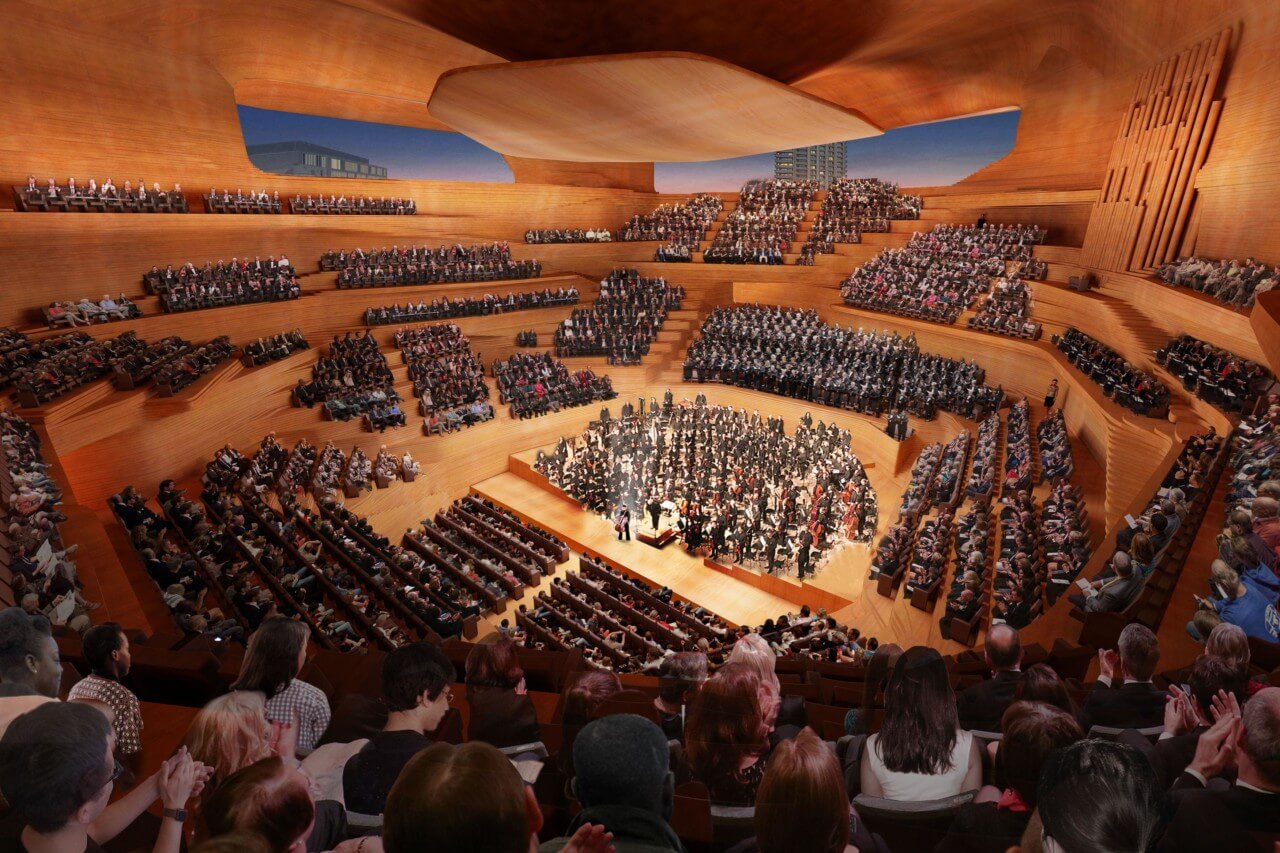 interior rendering of a wooden concert hall in a pit at the london centre for music