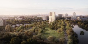 aerial view of an urban park with a granite tower at the obama presidential center