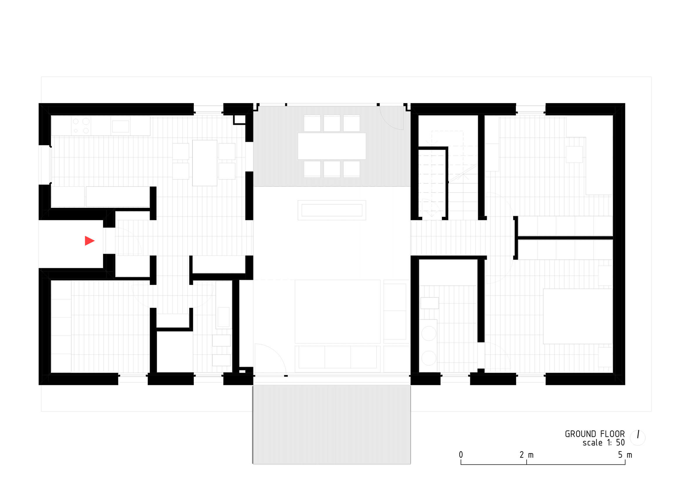 a three-part floor plan of a home with kitchen and dining room in the center